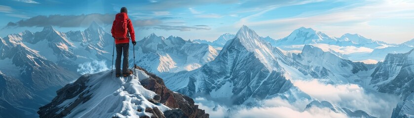 The image shows a person standing on a snow-capped mountain peak, looking out over a vast mountain range