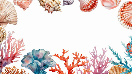 Watercolor painting coral reef ocean theme frame border.