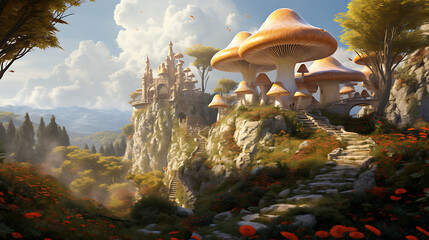 A peaceful scene of agaricus mushrooms on a gentle hill overlooking a quiet monastery nestled in the mountains.