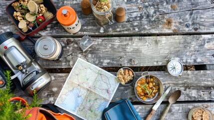 A wooden table is set with a delicious spread of food and a map, creating the perfect setting for...