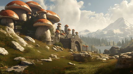 A peaceful scene of agaricus mushrooms on a gentle hill overlooking a quiet monastery nestled in the mountains.