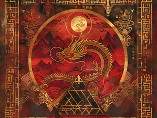 Celestial Majesty:Red Mayan Dragon's Revelation,ancient civilization with mountain,flame,sea,sun