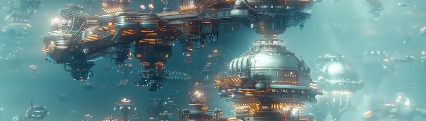 Create a dynamic scene showcasing futuristic technologies in an underwater city