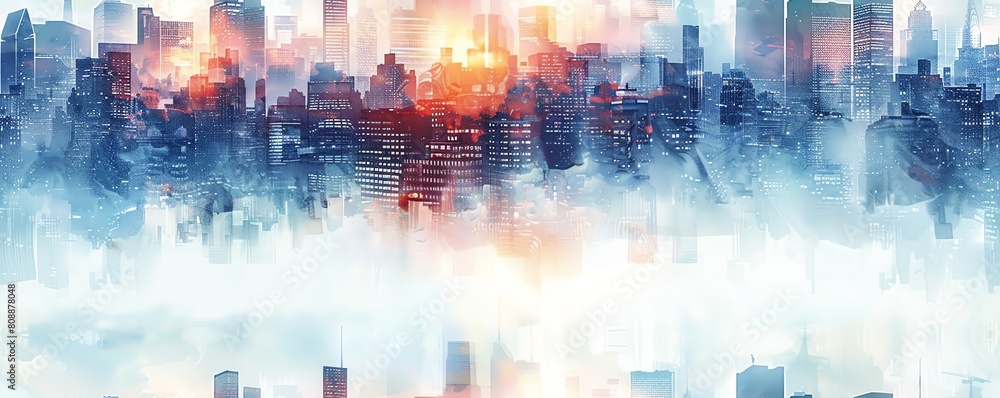 Poster design a digital watercolor of a futuristic cityscape with clean lines and a minimalist aesthetic ex