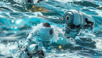 Design a CGI masterpiece showcasing the underwater robot executing a flawless pirouette amidst a shimmering sea of digital artistry