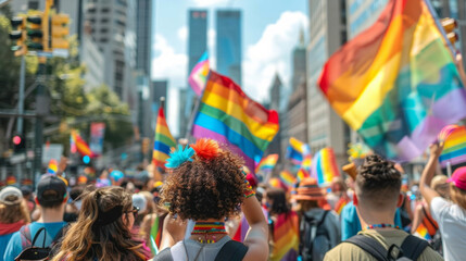 Marchers at the gay pride parade in the city. LGBTQI community during a gay pride parade. Stop the hate. Stock Photo photography