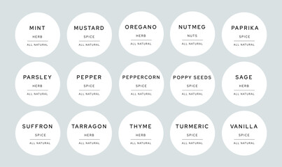 kitchen pantry labels premade design template for herbs and spices, grain and cereals. cooking ingredient organizing printable stickers for jars 