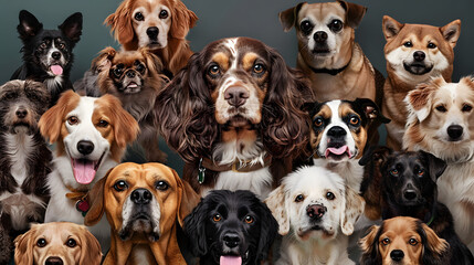 Collage of various dog breeds with different expressions and fur colors. Veterinary service advertisements emphasizing care for all breeds. Concept of animal theme, care, pet friend, vet, dog - Powered by Adobe