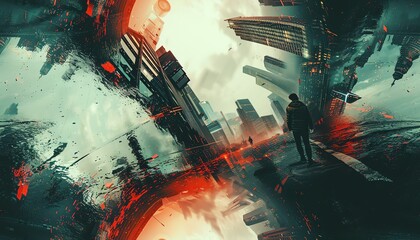 Illustrate a cybernetically enhanced human figure walking through a polluted cityscape