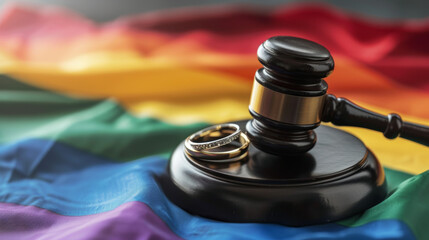 Marriage laws and equality for LGBT concept. Wedding rings and wooden judge gavel on LGBT flag. Stock Photo photography