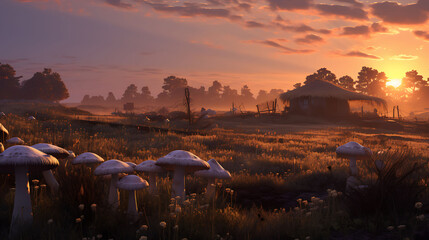 A picturesque scene of agaricus mushrooms on the outskirts of a lavender farm, with the sun setting in the distance.