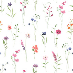 Delicate watercolor seamless floral pattern with abstract wildflowers and green plants. Isolated hand drawn illustration for floral background, wallpapers or textile. Colorful pattern with flowers.