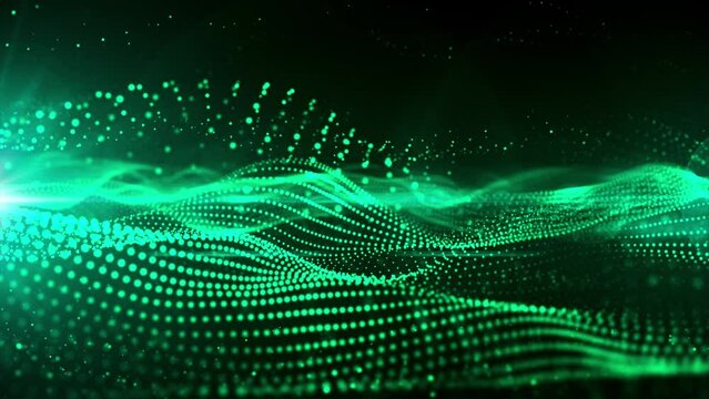 Bright green background of dots and lines that move very quickly, creating abstract shapes in 4k