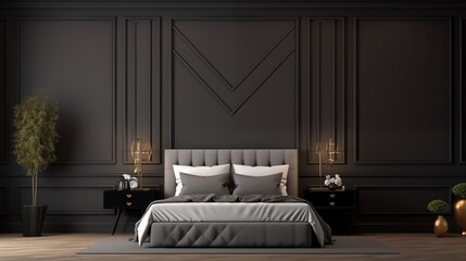 Luxurious large bedroom with black dark gray walls and a bed. Deep rich colors grey, graphite and white. Blank mockup background design room.