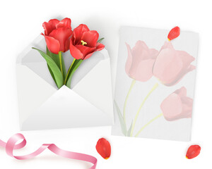 3d rendering envelope with red tulip flowers and card design isolated on transparent background, PNG file add