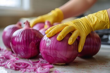 Fototapeta premium Close-up of hands wearing yellow gloves slicing red onions with a knife, with chopped pieces around
