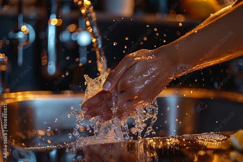 Poster close-up image capturing hands interacting with water, accentuated by sparkling light reflections