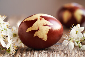 Easter eggs dyed with onion peels with a pattern of fresh leaves on a table, with white cherry...