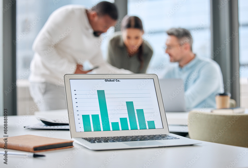 Poster screen, laptop and chart in office for finance, economy or stock market analysis with software. busi