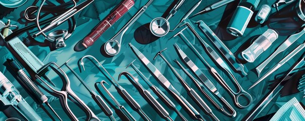 Vivid, high-detail illustration of an array of surgical instruments laid out before an operation