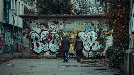Man and Woman Walk Alone: Urban Scene in Wilhelmsburg, Hamburg, Germany