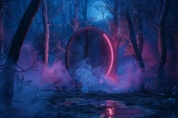 Dark forest with round portal. Night view, smoke, smog, neon light and moon. Fantasy mystical landscape.