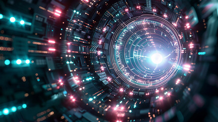 Obraz premium Futuristic digital background with abstract futuristic glowing circular portal and circuit board