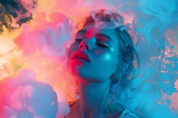 Vibrant Neon Smoke Explosion Abstract Background Featuring a Young Caucasian Woman