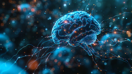 Fototapeta premium Glowing blue brain hologram with neural connections background