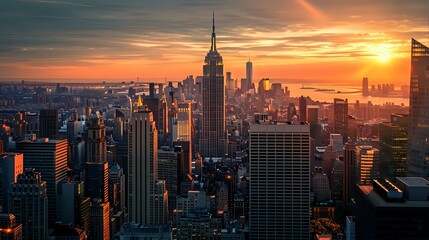 Empire State Building: Manhattan Downtown Skyline at Amazing Golden Sunset.