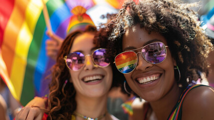 Two girls of different races black and white in glasses and brightly colored costumes with an LGBT flags  smile at the LGBT parade