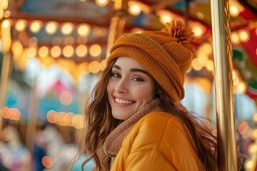Happy young Caucasian woman riding colorful carousel at amusement park