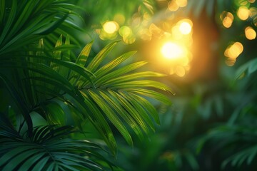 A close-up of vibrant green palm leaves with soft bokeh lights in the background, creating a peaceful atmosphere