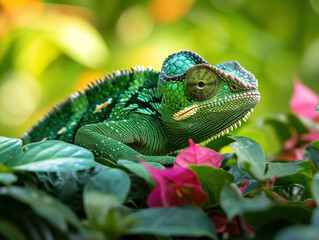 Obraz premium Vibrant Green Chameleon Camouflaged Amongst Tropical Foliage