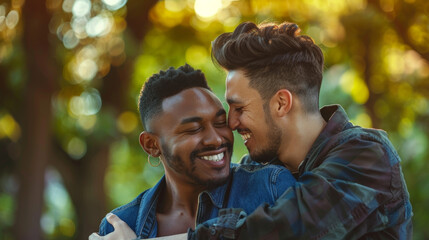 Multiethnic gay couple in the park Stock Photo photography