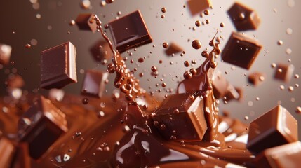 In this 3D illustration, chocolate syrup flows with chocolate pieces on top