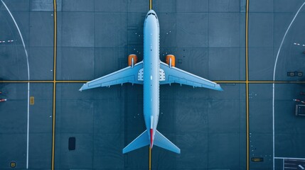 Top down view on commercial airplane docking in terminal in the parking lot of the airport apron, waiting for services maintenance, refilling fuel services after airspace lock down