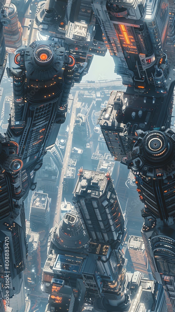 Poster capture the urban sprawl from a unique, angled perspective highlighting robotic elements amidst the 