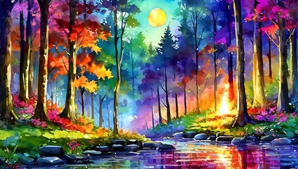 sky, night, nature, landscape, tree, light, water, sun, clouds, fantasy, moon, forest, rainbow, sunset, blue, river, color, fog, cloud, abstract, aurora, art, illustration, street