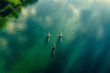 Aerial snapshot of a serene lake with kayakers, the drone vantage point revealing the symmetry of the water trails
