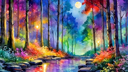 sky, night, nature, landscape, tree, light, water, sun, clouds, fantasy, moon, forest, rainbow, sunset, blue, river, color, fog, cloud, abstract, aurora, art, illustration, street