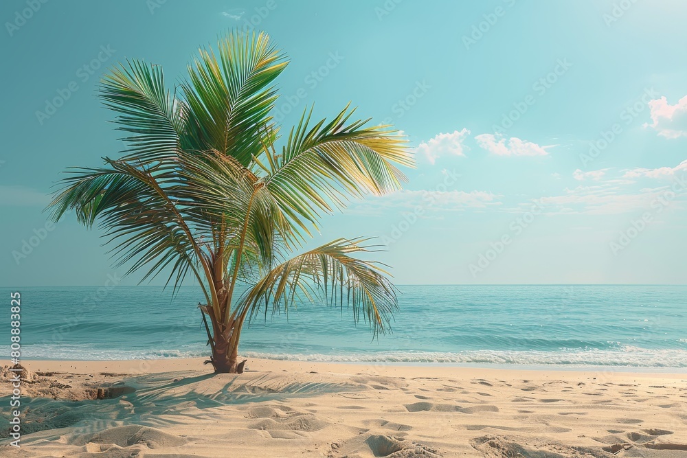 Poster an image showing a lone palm tree on an empty beach with calm blue ocean and clear sky