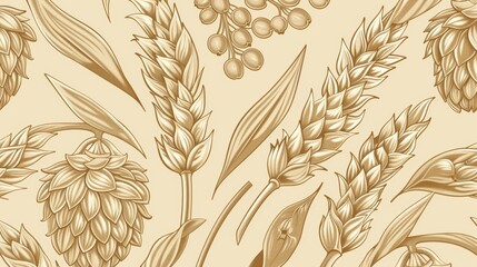 An engraving style seamless background with ears of wheat and hops in a beige color