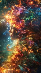 Fototapeta na wymiar a cosmic female emanating a sensual aura, her hair ablaze with fire, exuding elegance and grace within the vast expanse of the cosmic cosmos