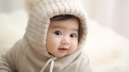 portrait of a cute smiling baby. Cute baby in bed on his stomach with his head up looking with his big eyes. Warm and soft beige clothing. Close up.