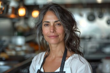Obraz premium A mature female chef with a strong presence stands assuredly in a modern kitchen