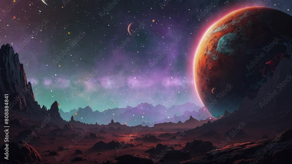 Poster unknown planet clouds are moving in the sky and blinking stars animation in outer space. unknown ali