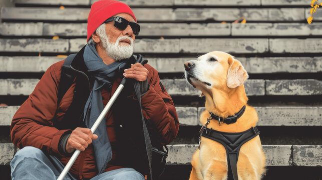 vector style illustration of senior blind man holding a white walking stick, and guide dog sitting on stairs at a public space