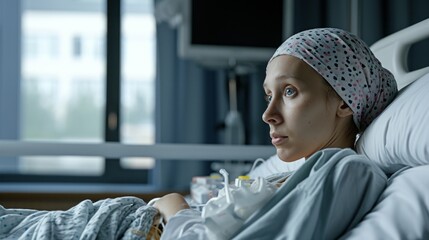 Young cancer woman lying in hospital bed