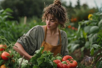 Young Caucasian woman gathering fresh produce from the farm for culinary creations